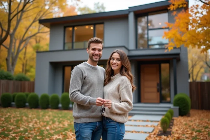 Jeune couple heureux tenant des clés devant leur nouvelle maison contemporaine dans une rue résidentielle en automne