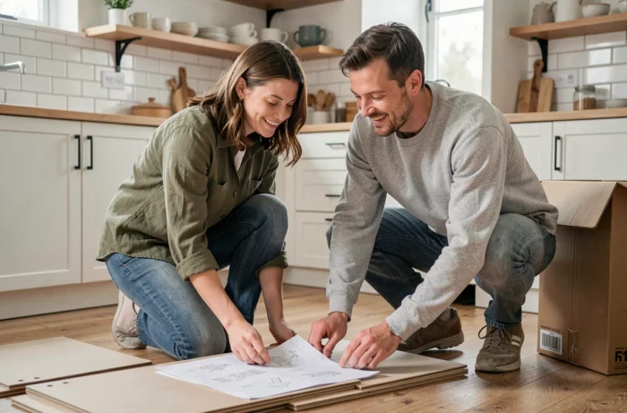 Couple assemblant des meubles en kit dans une cuisine moderne, illustration du bricolage en famille pour gagner en autonomie et faire des économies