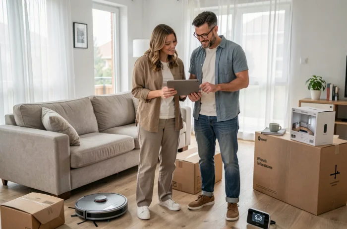 Couple choisissant des équipements connectés pour leur maison en consultant une tablette dans un salon moderne