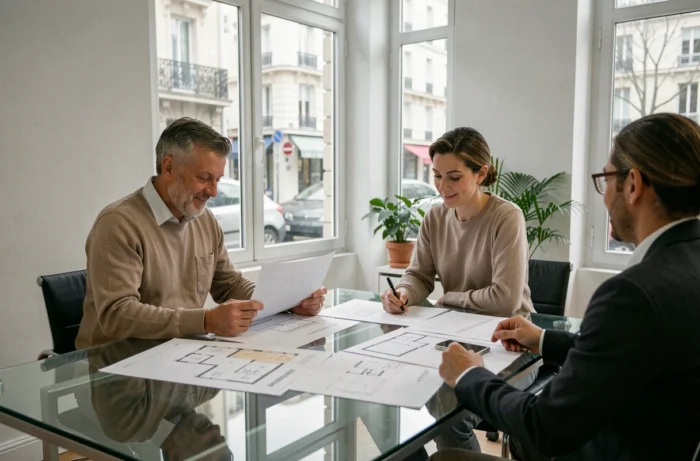 Couple consultant un agent immobilier dans une agence moderne à Paris pour l'achat d'un appartement en 2024