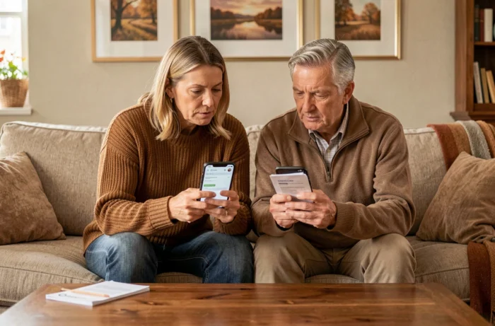 Couple consultant ensemble les nouveautés de leur espace client bancaire sur smartphone dans leur salon