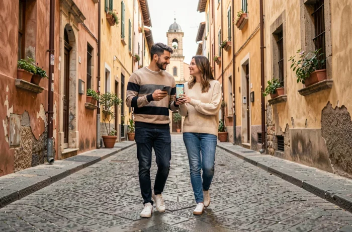 Couple utilisant Google Maps pour naviguer à pied dans une ruelle pavée d'un vieux quartier européen