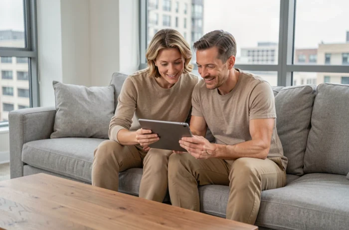 Couple en train d'explorer les annonces immobilières sur une tablette dans un salon moderne et lumineux