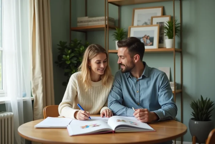 Couple de parents consultant un planificateur familial et des livres sur la parentalité à la maison, dans une atmosphère calme et organisée