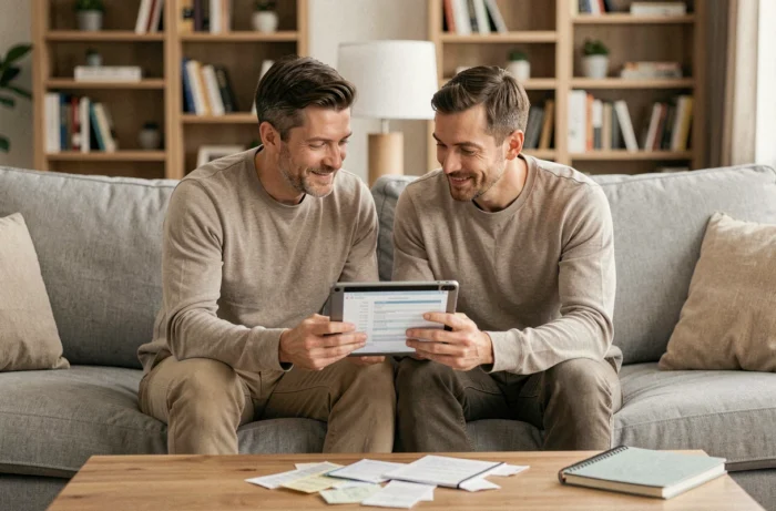 Couple consultant ensemble un document de planification financière sur tablette dans leur salon pour mieux gérer leur budget