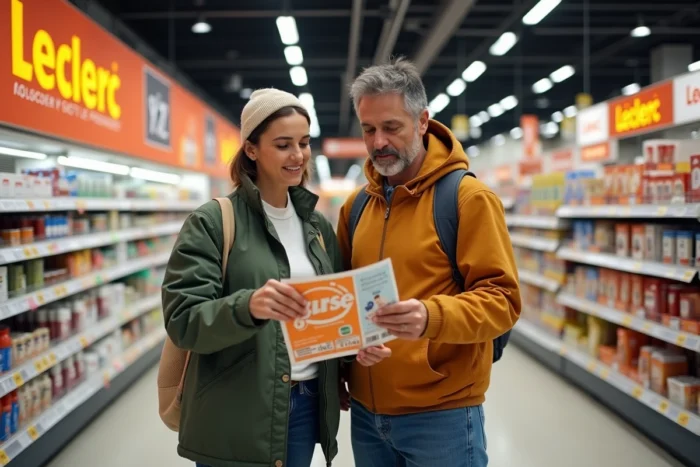 Couple consultant un prospectus Leclerc sur les chèques différés dans un rayon du magasin