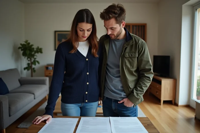 Couple examinant ensemble un document sur la prime d'activité dans leur salon d'appartement