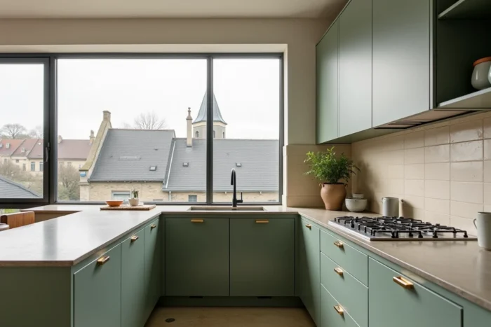 Cuisine rénovée avec façades vert sauge, carrelage zellige et plan de travail en béton dans une maison de ville nantaise, toits ardoise visibles par la fenêtre