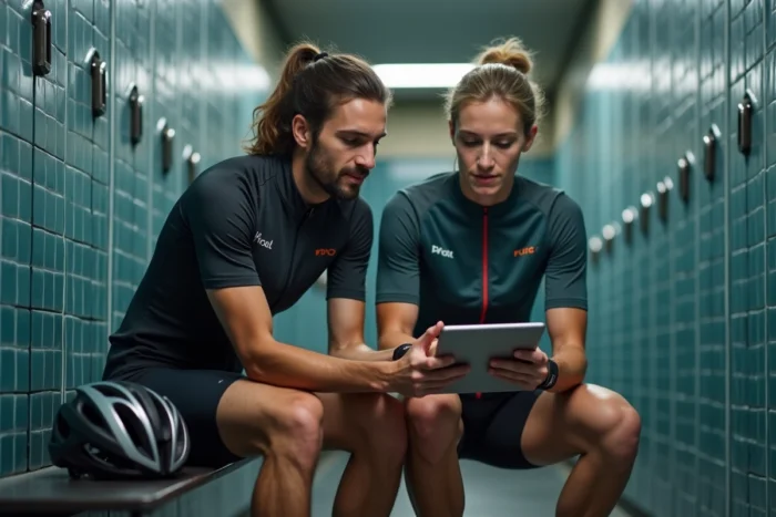 Deux cyclistes analysant les caractéristiques techniques de leur équipement sportif avant une compétition