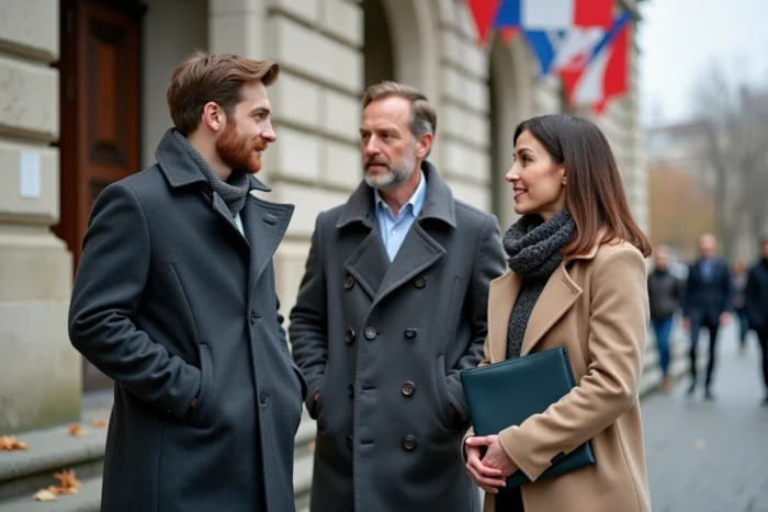 Groupe de citoyens français discutant devant un bâtiment institutionnel, symbole de la politique et de la société française