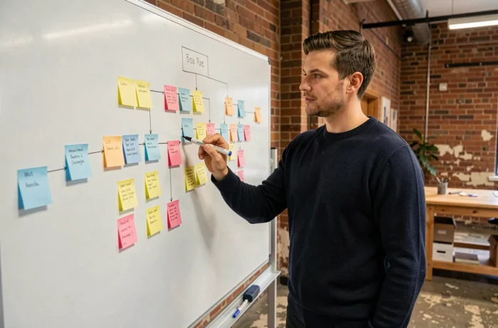 Designer UX debout devant un tableau blanc avec un plan de site structuré en post-it colorés