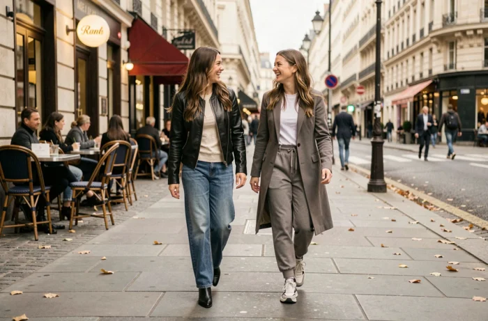 Deux femmes stylées marchant dans une rue parisienne, looks urbains tendance automne pour s'inspirer et renouveler sa garde-robe