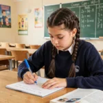 Élève de 6ème qui fait des exercices de classe grammaticale dans un cahier réglé en salle de classe