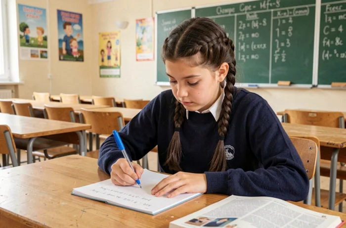Élève de 6ème qui fait des exercices de classe grammaticale dans un cahier réglé en salle de classe