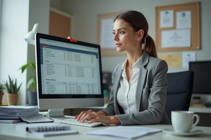 Employée administrative de l'ADMR consultant un tableau de tarifs horaires 2026 sur ordinateur dans un bureau associatif