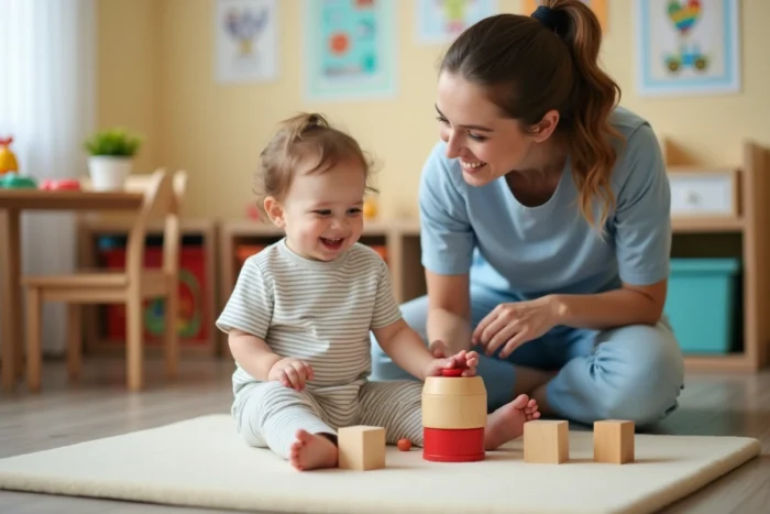 Enfant jouant dans une micro-crèche avec une auxiliaire de puériculture souriante
