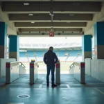 Entrée du parking P2 du Stade de France avec barrière automatique et signalétique directionnelle