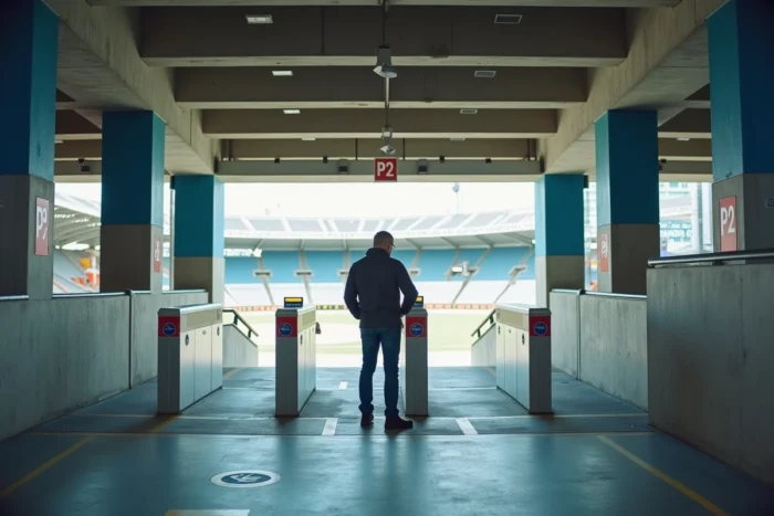 Entrée du parking P2 du Stade de France avec barrière automatique et signalétique directionnelle