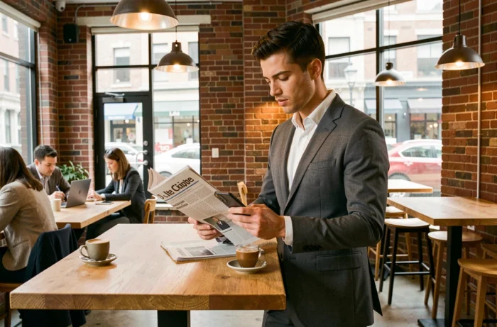 Jeune entrepreneur en costume gris lisant la presse économique dans un espace de coworking urbain