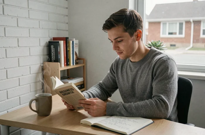 Jeune entrepreneur étudiant des ressources business pour accélérer la croissance de son entreprise depuis son bureau à domicile