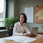 Femme entrepreneur travaillant sur son business plan dans un espace de coworking moderne à Zurich, avec une carte de la Suisse en arrière-plan