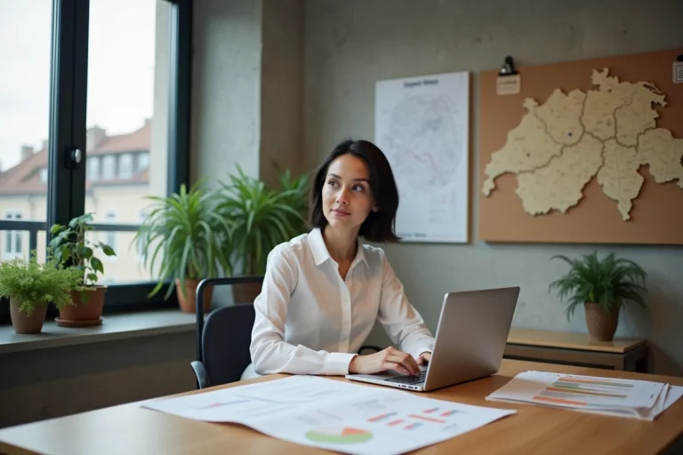 Femme entrepreneur travaillant sur son business plan dans un espace de coworking moderne à Zurich, avec une carte de la Suisse en arrière-plan
