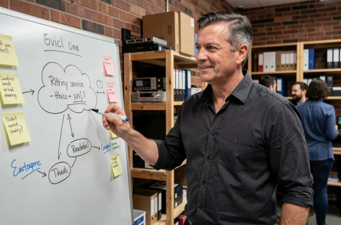 Entrepreneur présentant un schéma de services digitaux sur tableau blanc dans un espace de travail de startup pour optimiser la croissance de son entreprise