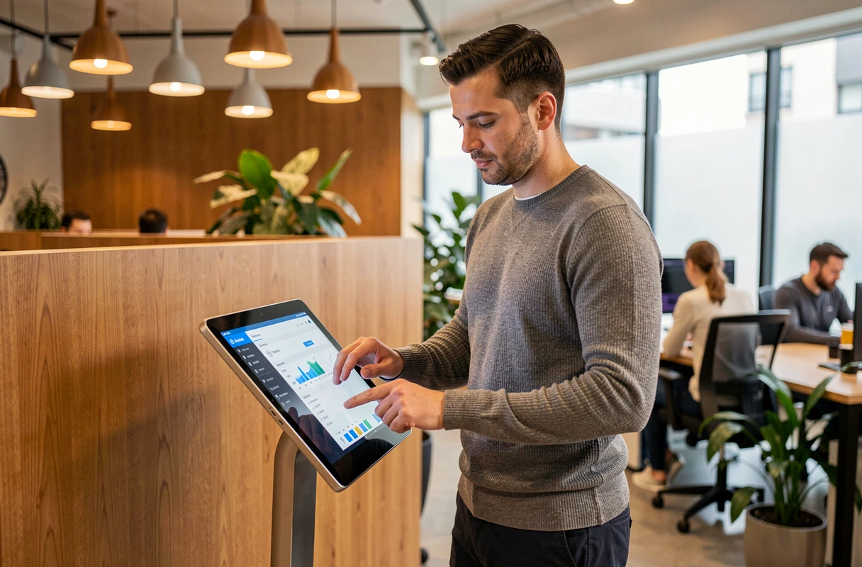 Entrepreneur masculin utilisant une application de gestion cloud sur tablette dans un espace de co-working moderne