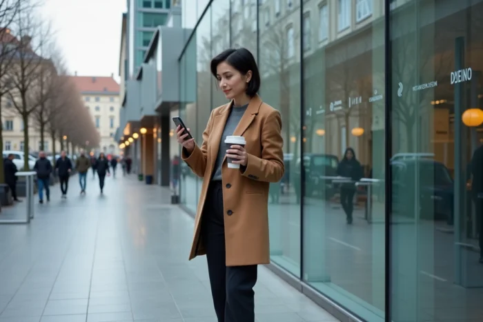 Entrepreneuse suisse devant un hub d'innovation à Genève consultant son smartphone en automne