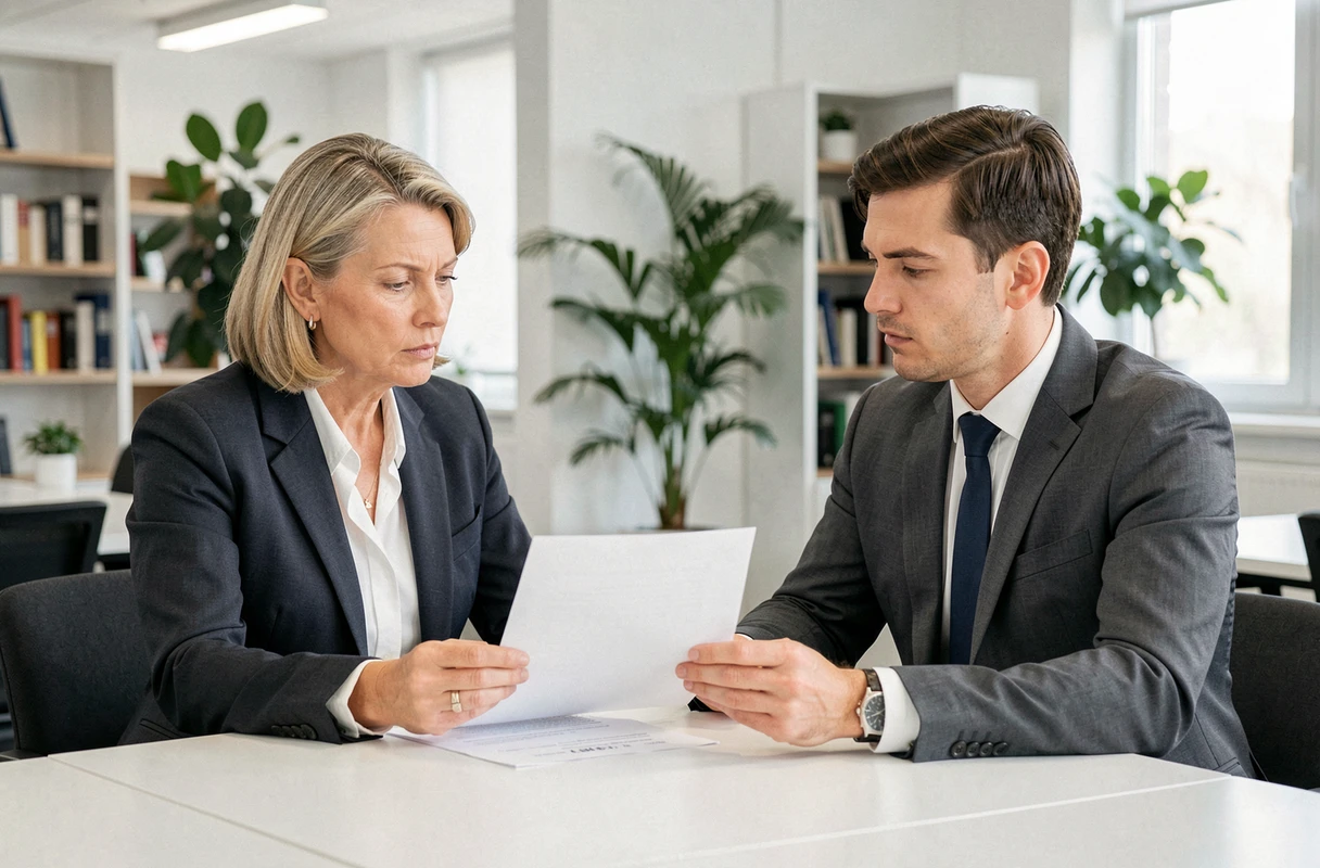 Une consultante RH et un employé examinent ensemble un contrat ou une convention lors d'un entretien professionnel dans un bureau d'entreprise, discussion sur les droits du salarié en cas de mise à pied