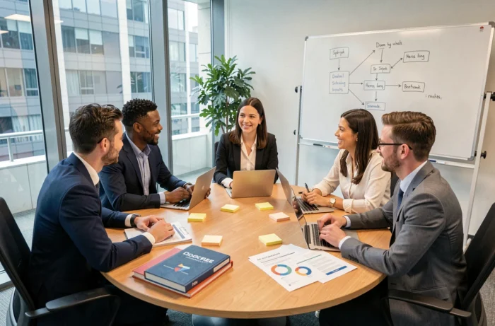 Équipe de professionnels collaborant autour de ressources business et stratégies de croissance d'entreprise