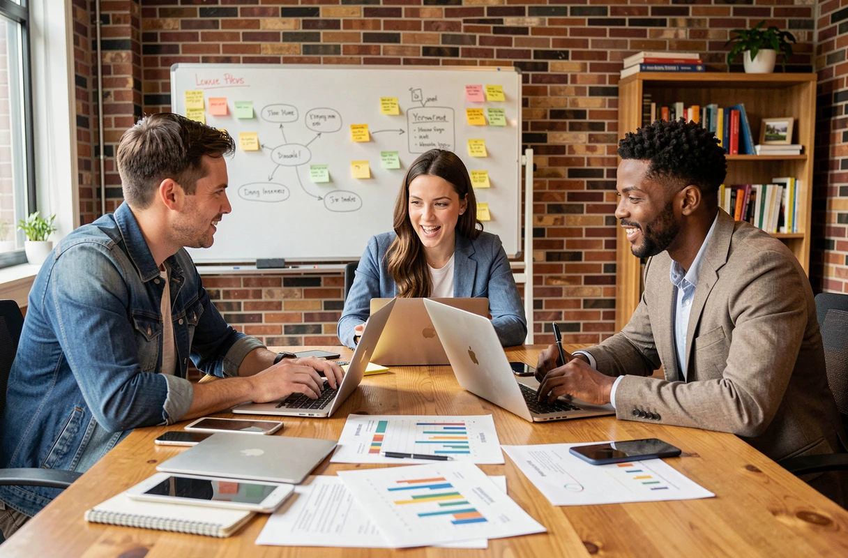 Équipe de professionnels en réunion stratégique autour d'outils numériques et de graphiques de croissance dans une salle de startup
