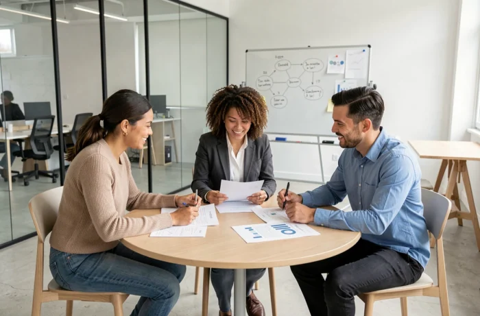 Équipe de jeunes professionnels en réunion stratégique dans une salle de startup moderne, discutant de plans d'affaires autour d'une table ronde