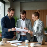 Équipe de jeunes entrepreneurs suisses analysant un business plan dans un espace de coworking moderne à Zurich