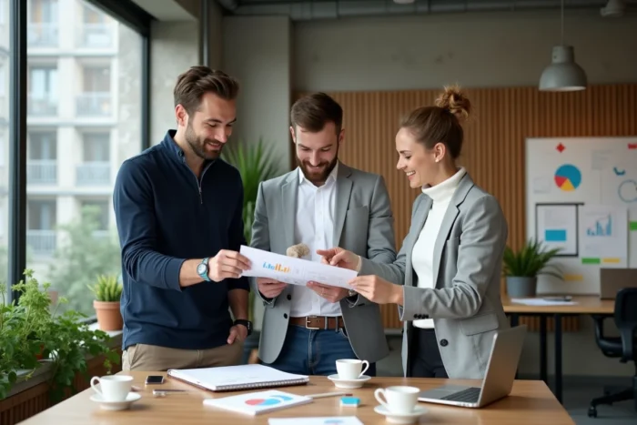 Équipe de jeunes entrepreneurs suisses analysant un business plan dans un espace de coworking moderne à Zurich
