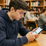 Étudiant configurant la messagerie INSA Rouen sur son smartphone Android dans une bibliothèque universitaire