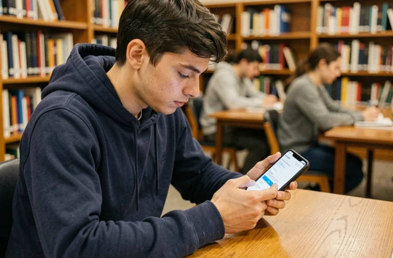 Étudiant configurant la messagerie INSA Rouen sur son smartphone Android dans une bibliothèque universitaire