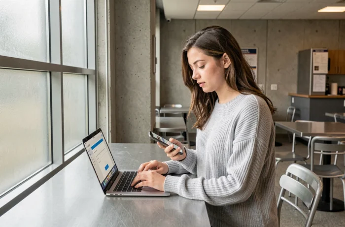 Étudiante consultant un tutoriel sur laptop pour configurer la messagerie INSA Rouen sur iPhone