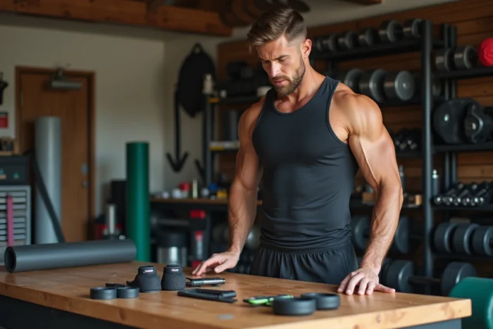 Sportif évaluant son équipement de musculation et accessoires de fitness dans une salle de sport à domicile