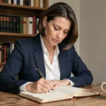 Femme écrivant dans un carnet avec un stylo plume dans un bureau rempli de dictionnaires français, illustrant l'utilisation correcte des expressions françaises