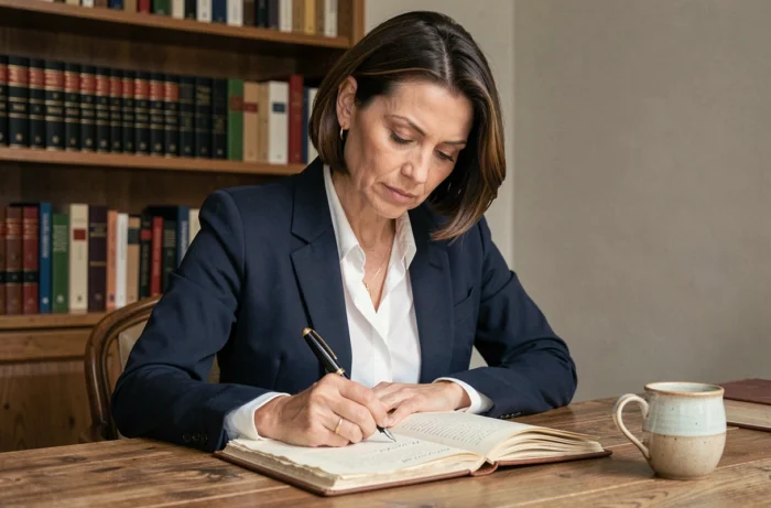 Femme écrivant dans un carnet avec un stylo plume dans un bureau rempli de dictionnaires français, illustrant l'utilisation correcte des expressions françaises