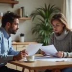 Deux adultes assis face à face à une table de cuisine examinent des documents juridiques liés à une procédure d'expulsion d'un hébergé à titre gratuit