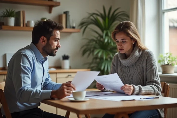 Deux adultes assis face à face à une table de cuisine examinent des documents juridiques liés à une procédure d'expulsion d'un hébergé à titre gratuit