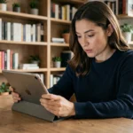 Femme consultant les dernières actualités régionales sur une tablette dans son bureau à domicile