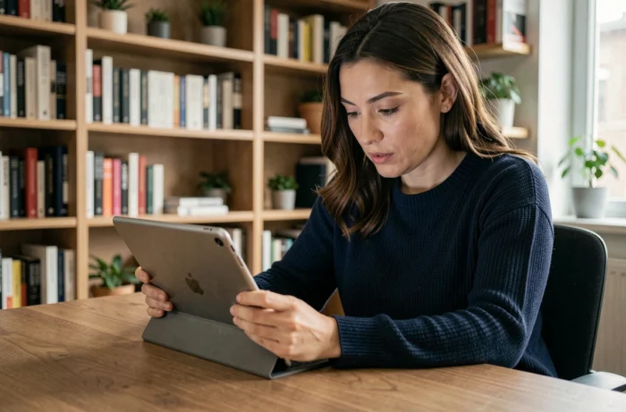 Femme consultant les dernières actualités régionales sur une tablette dans son bureau à domicile
