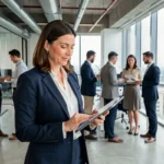 Femme d'affaires en blazer marine consultant une tablette dans un bureau moderne avec vue sur la ville