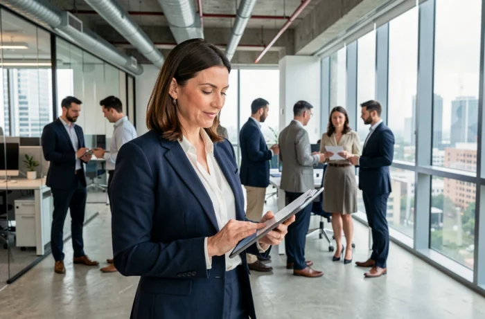 Femme d'affaires en blazer marine consultant une tablette dans un bureau moderne avec vue sur la ville