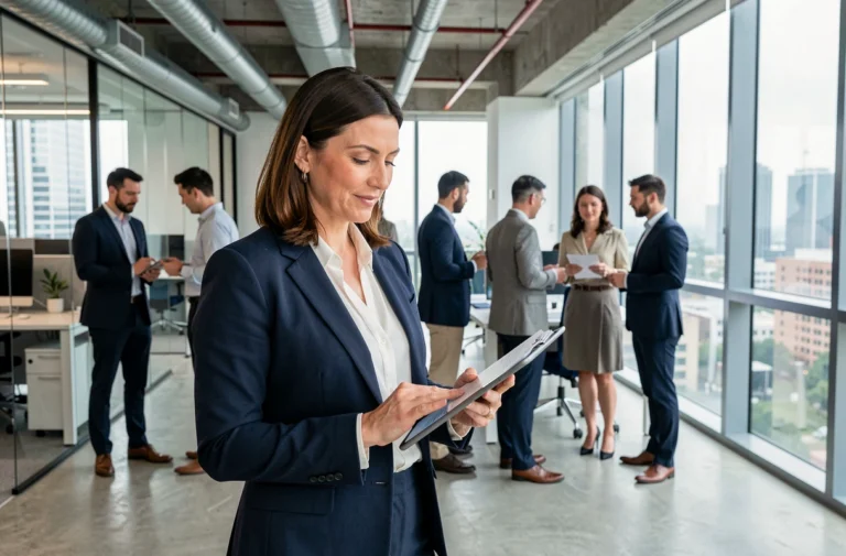 Femme d'affaires en blazer marine consultant une tablette dans un bureau moderne avec vue sur la ville