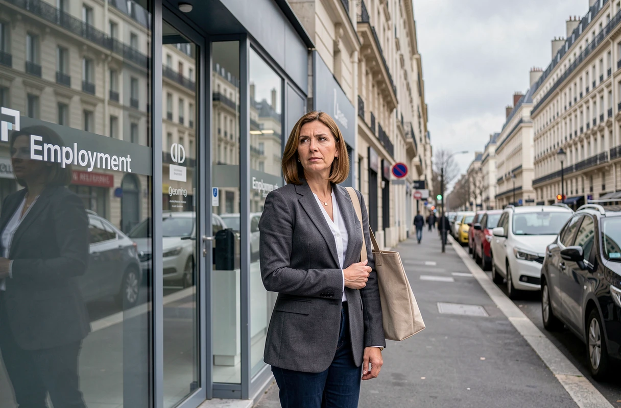 Une femme d'une trentaine d'années devant une agence d'intérim en ville, tenant un sac, prête à entrer pour chercher un emploi temporaire pendant une suspension de contrat