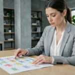 Femme professionnelle analysant un plan de site imprimé sur un bureau en bois dans un bureau moderne